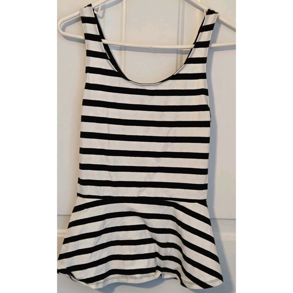 EUC Express Womens Small Black White Stripe Sleeveless Zip Peplum Top Y2K
